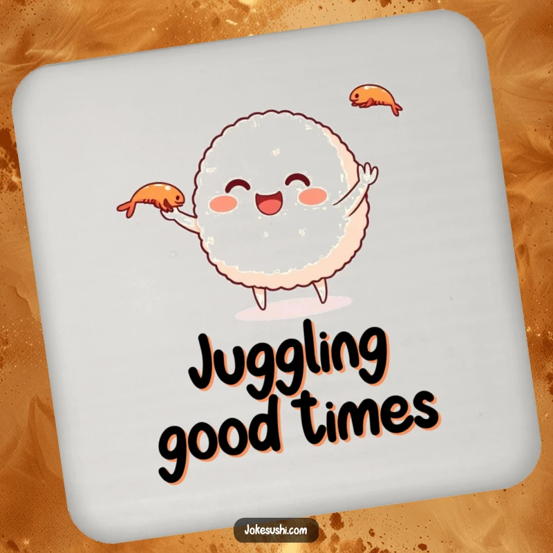 Funny rice ball drink coaster featuring a smiling character juggling shrimp, a humorous and practical accessory.
