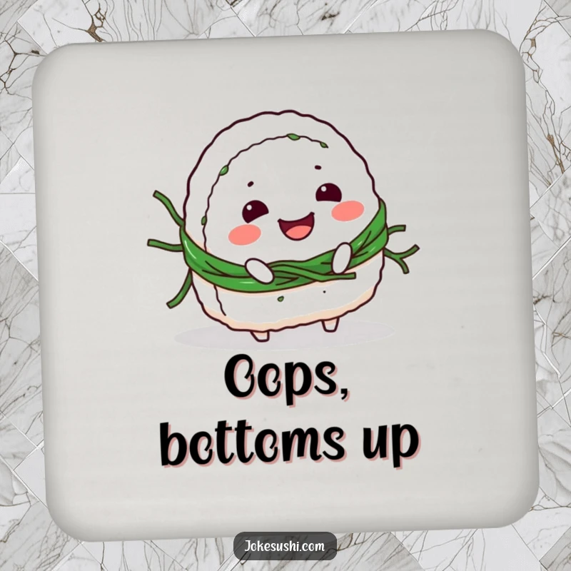 Funny Coaster: Smiling onigiri character tripping over its seaweed belt, protects surfaces with adorable humor.