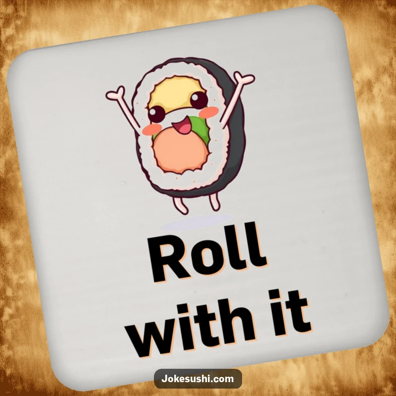 Funny Coaster: A sushi roll character doing a cheerful somersault, adding a fun and protective touch, a great funny gift.