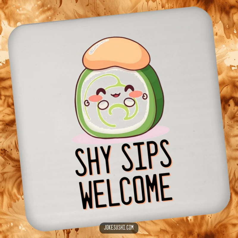 Funny shy cucumber roll coasters showing a cute sushi peeking with tiny hands from behind wasabi, protecting surfaces humorously.