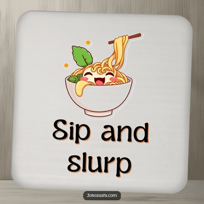 Funny coaster with a happy ramen bowl character overflowing with noodles and wiggling with playful movement.