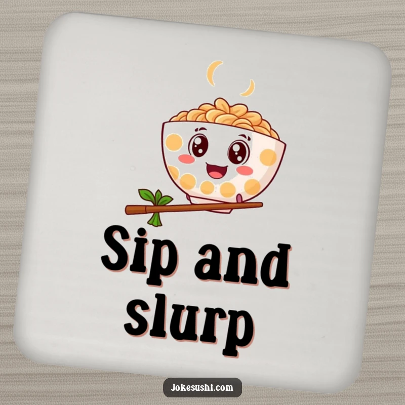 Funny drink coaster with a ramen bowl with googly eyes bouncing and leaping over a chopstick, protecting surfaces.