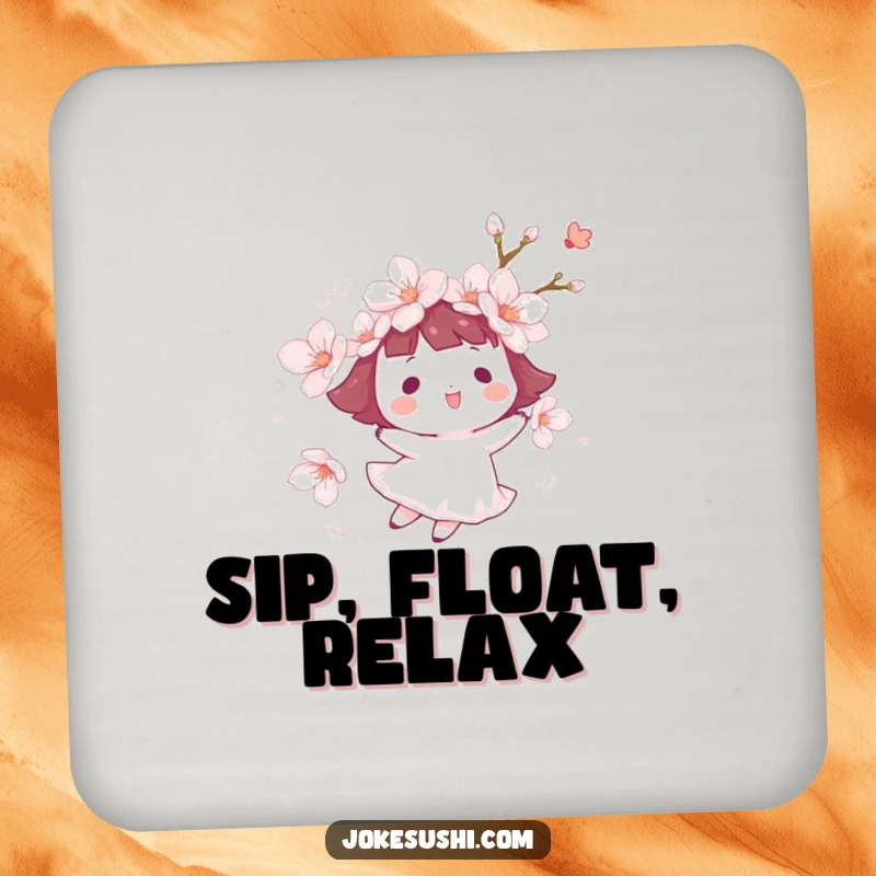 Funny cherry blossom coasters featuring a character happily floating on a gentle breeze, protecting surfaces with serene and humorous charm.