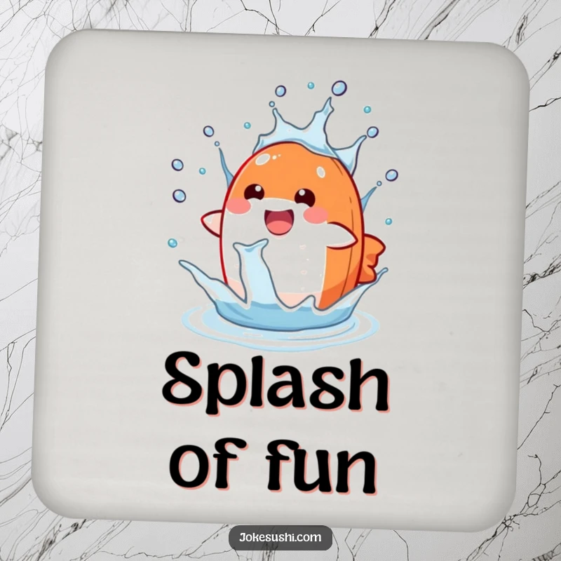 Funny salmon nigiri drink coaster featuring a delighted character splashing in a water drop, a humorous accessory.
