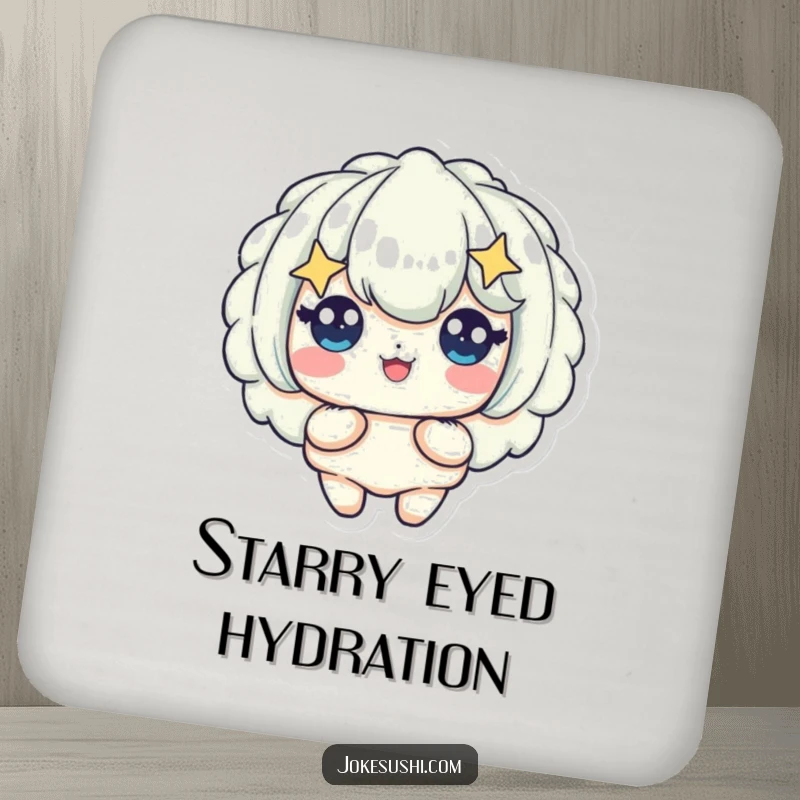 Funny drink coaster featuring a tempura piece character with starry eyes, protecting furniture with delightful, crispy charm.