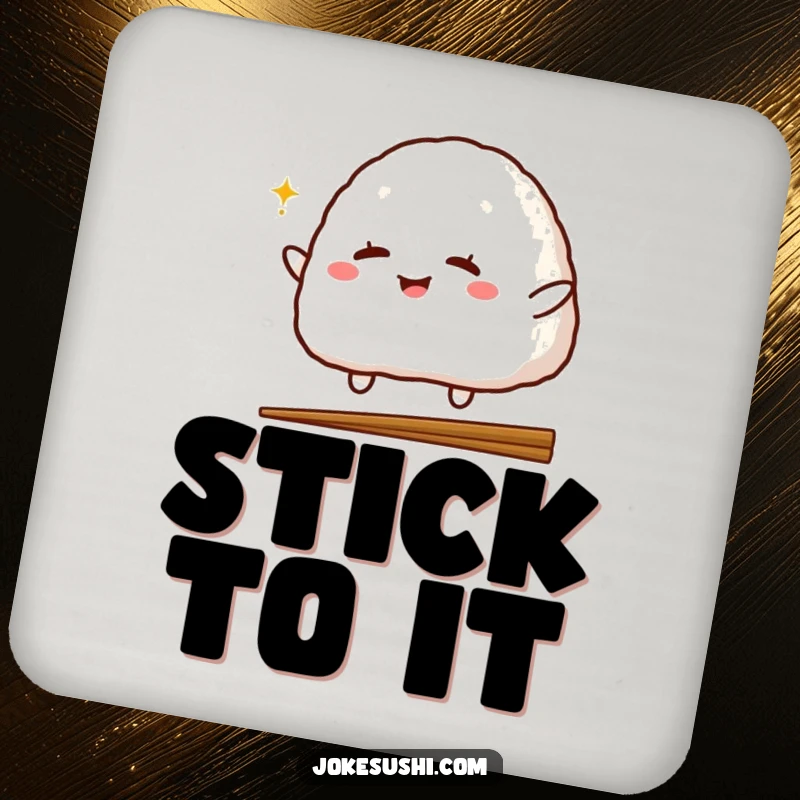 Funny drink coaster featuring a winking onigiri character jumping over a chopstick, adding a playful and protective element to any table setting.