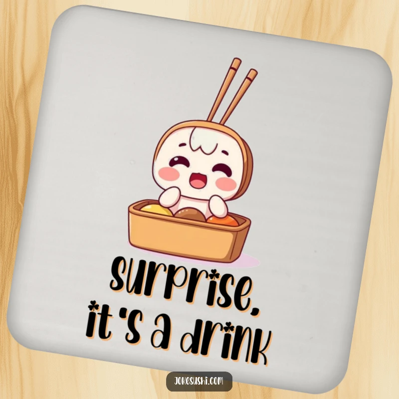 Funny drink coasters depicting a surprised bento box character with chopsticks sticking out, adding humorous and surprising charm to any surface.