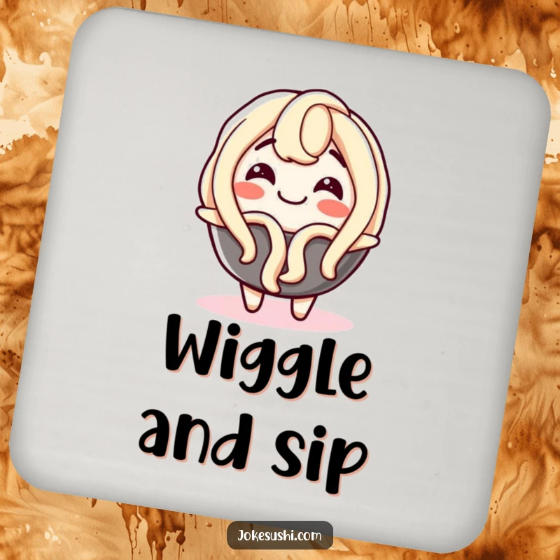 Funny drink coasters depicting a delighted udon noodle character wiggling with glee, adding humorous and charming protection to any surface.