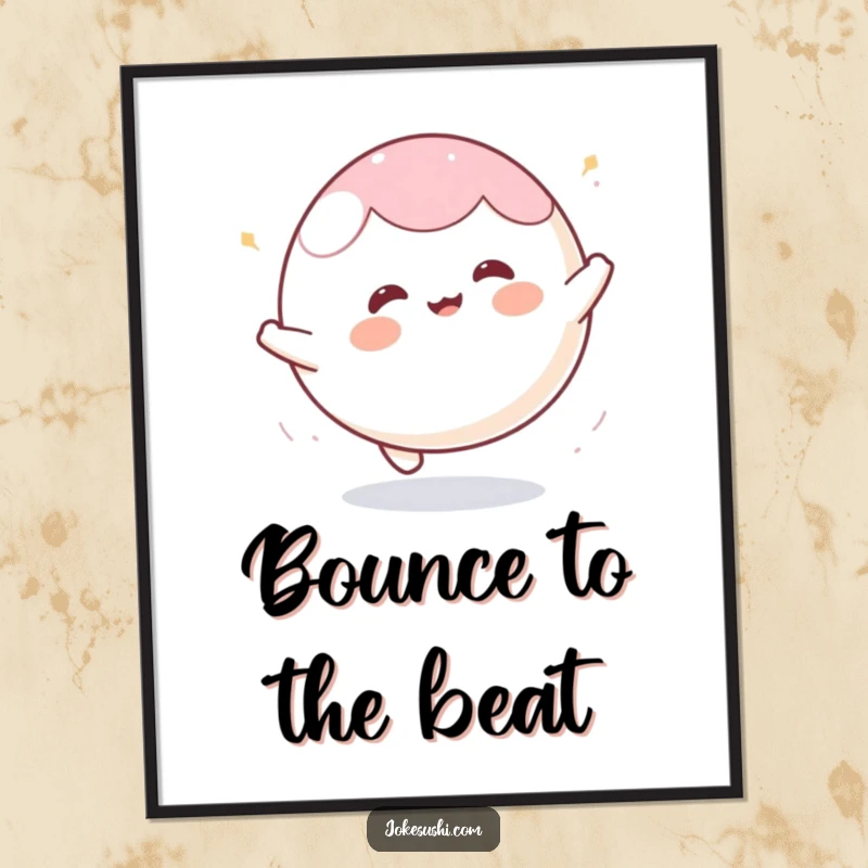 Funny mochi poster art featuring a happy character bouncing enthusiastically like a ball, embodying pure joy and playful movement.