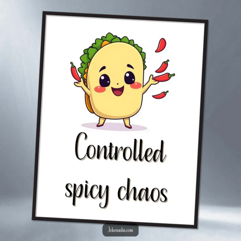 Funny Poster: A happy taco character juggling tiny chili peppers with delight, a festive and funny foodie artwork.