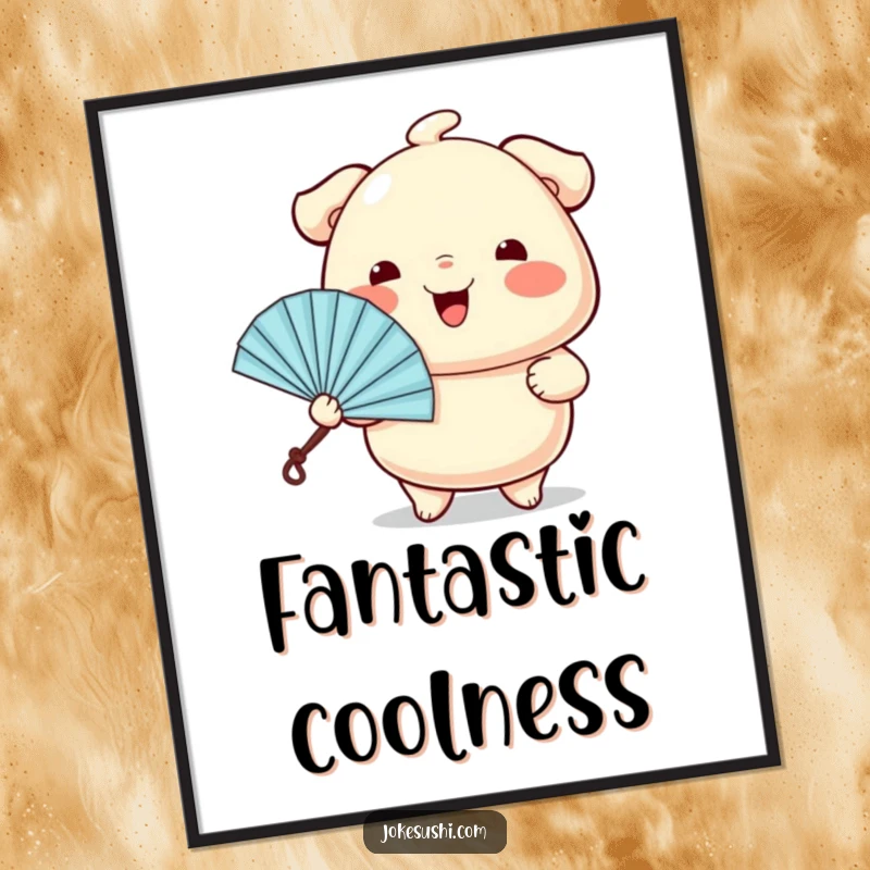 Funny poster art of a wiggling dumpling character cheerfully presenting a tiny fan, celebrating refreshment with cuteness.