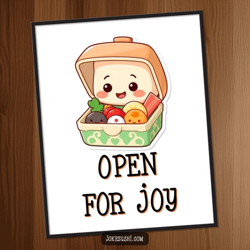 Funny poster of a grinning bento box popping open to reveal smiling food items, vibrant wall art.