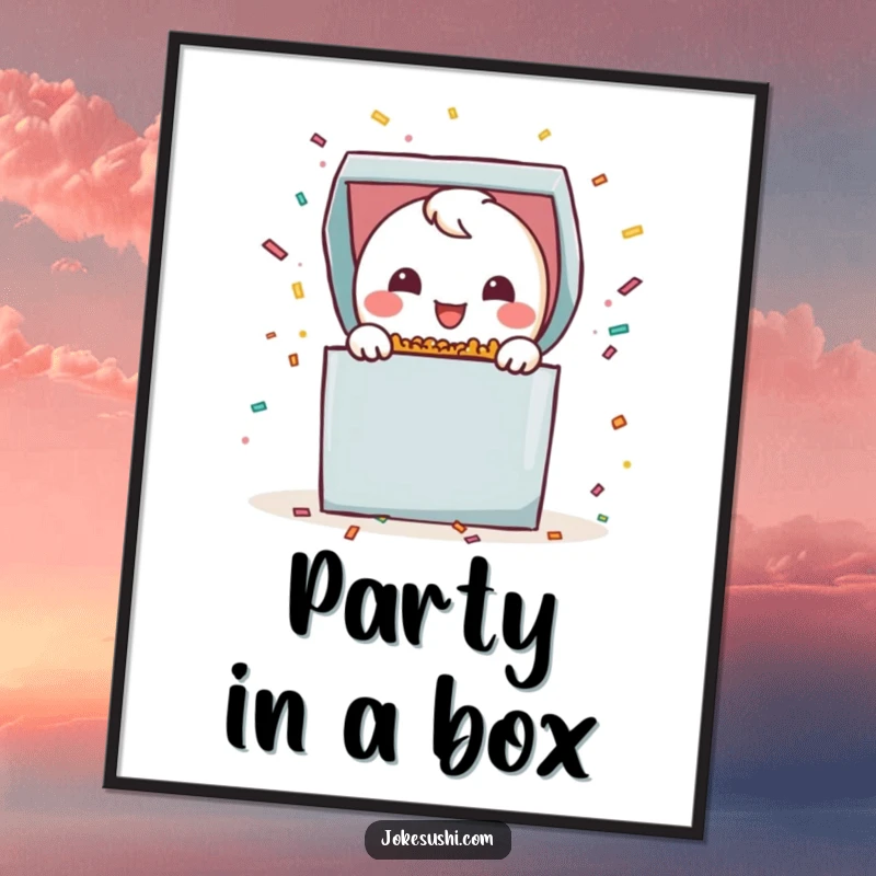 Funny bento box poster art with a smiling character joyfully popping open with colorful confetti, ideal for celebratory wall decor.