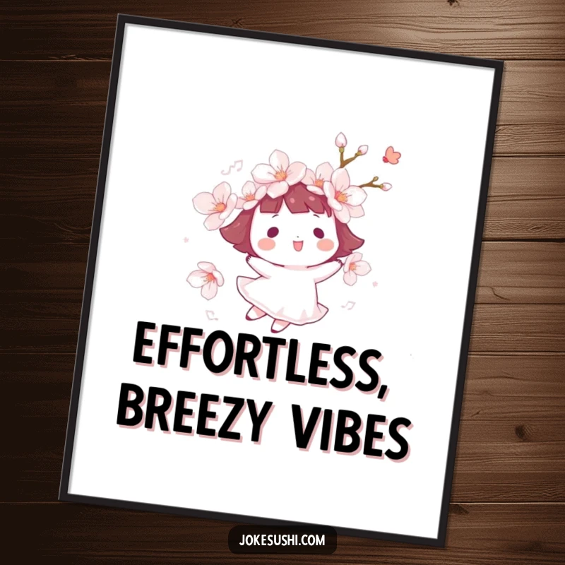 Funny cherry blossom poster depicting a character happily floating on a gentle breeze, creating a visually serene and humorous artwork.