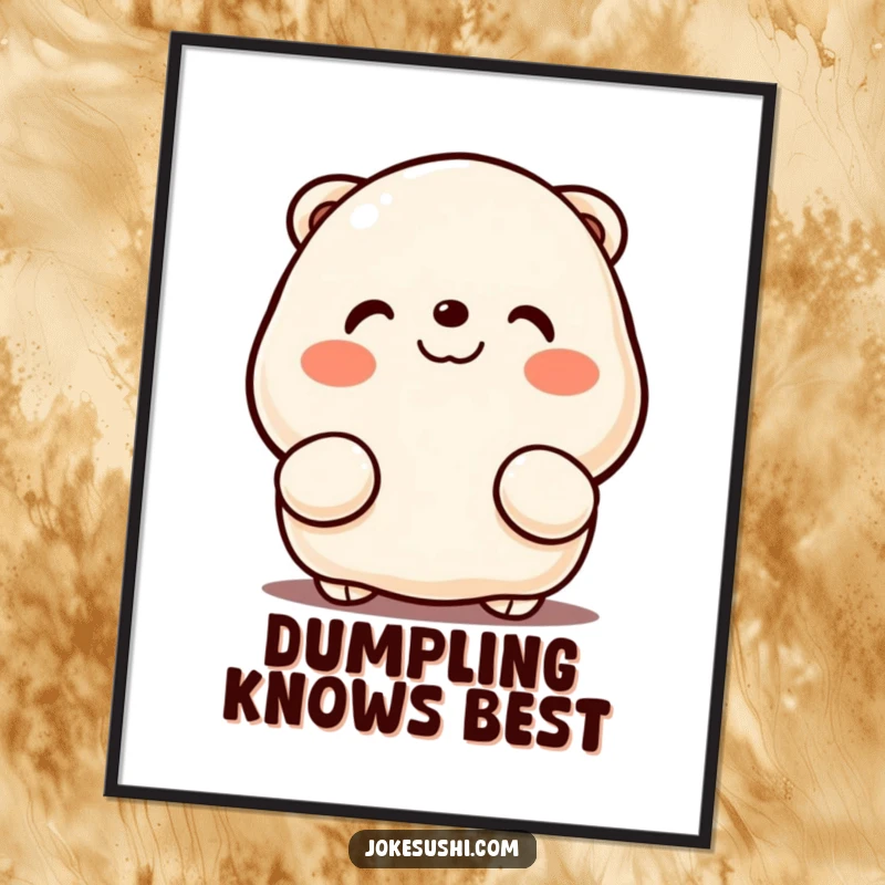 Funny poster featuring a cute dumpling peeking from behind its hands, with rosy cheeks, adding a touch of kawaii humor to walls.