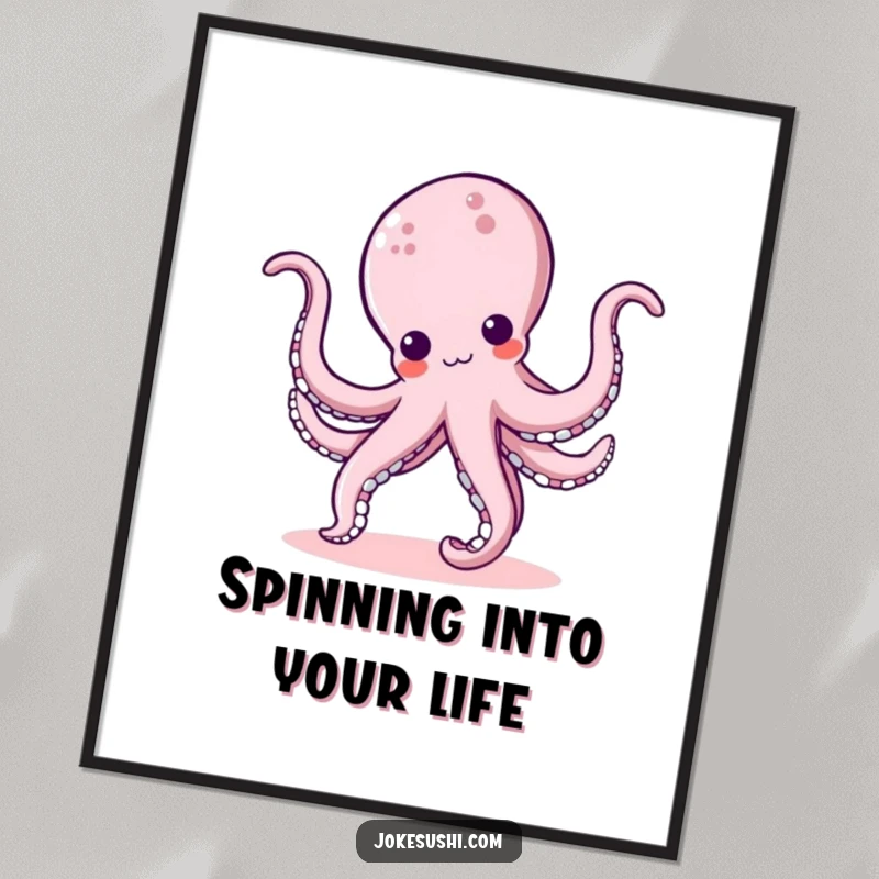 Funny kawaii octopus character performing a cartwheel with its bouncy tentacles, a vibrant and humorous poster for wall decoration.