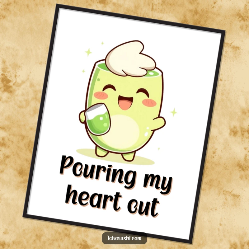 Funny poster art of a happy matcha green tea character cheerfully pouring tea, bringing a smile and humor to any room.