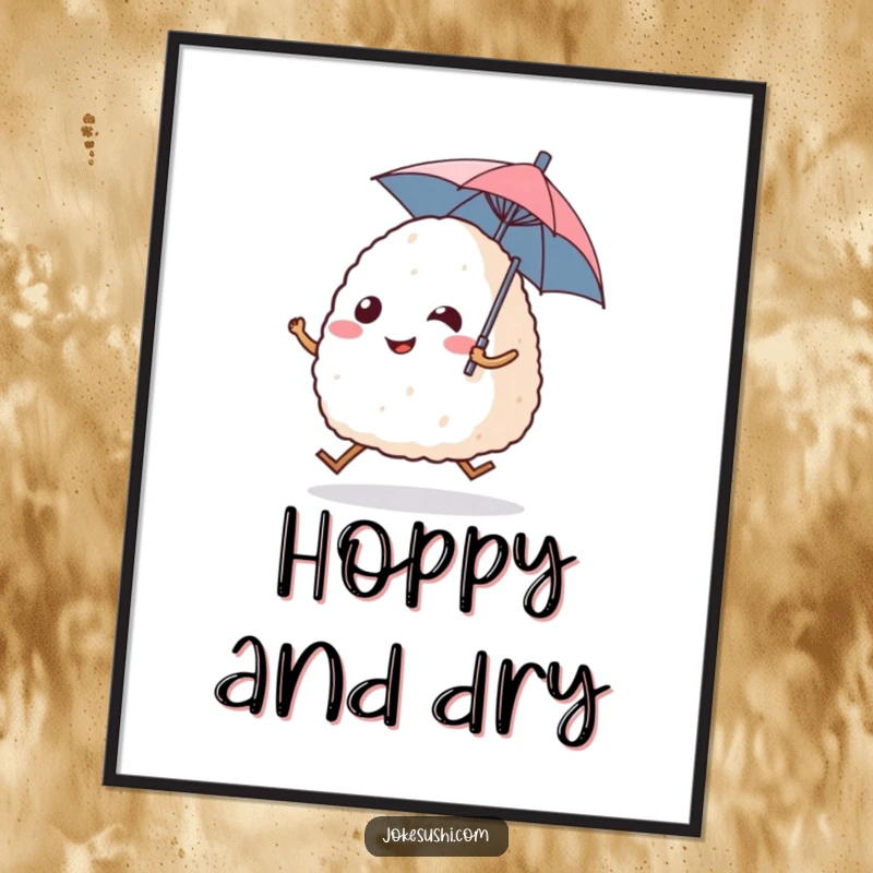 Funny poster art of a smiling onigiri rice ball character with legs excitedly hopping, holding a tiny umbrella, for cheerful decor.