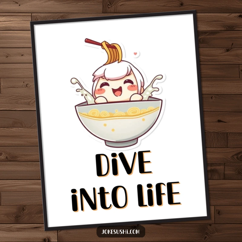 Funny ramen bowl poster, a smiling character splashing in broth, bringing energetic and humorous wall art.