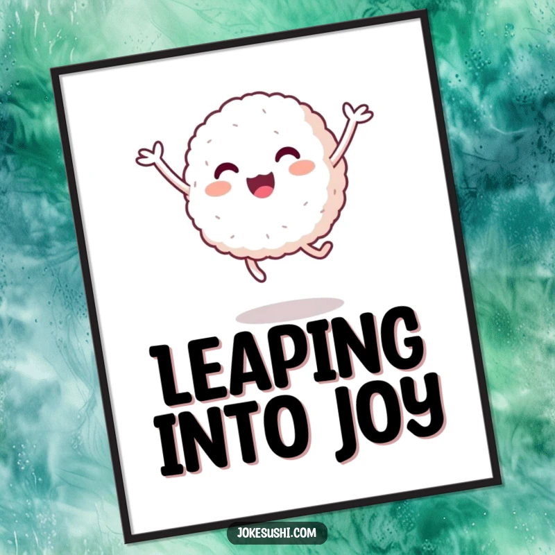 Funny Rice Ball Poster: A happy rice ball with short arms is captured mid-jump, creating a dynamic and humorous wall art.