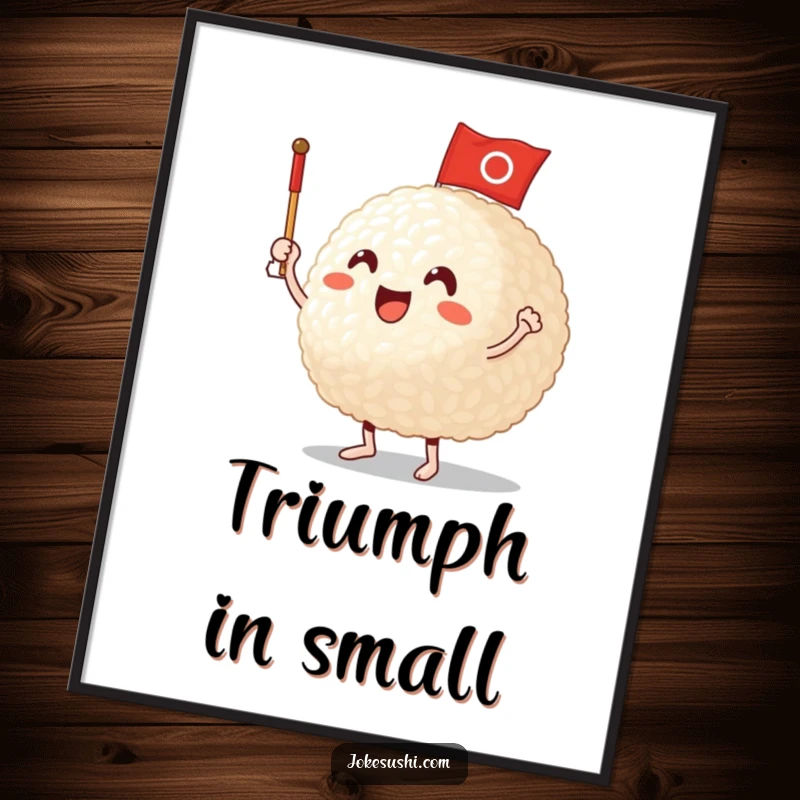 Funny Poster: A happy rice ball character excitedly waving a miniature flag, a cute and celebratory piece of art.