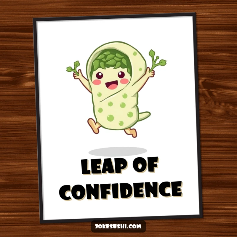 Funny seaweed wrap poster showcasing a peppy character in a leaping pose, adding humorous art.