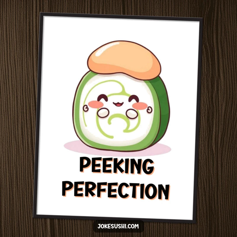 Funny shy cucumber roll poster showing a cute sushi with tiny hands peeking from behind a large wasabi, charming wall decor.