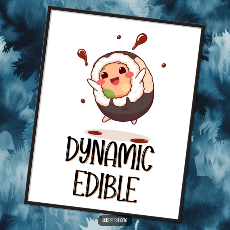 Funny Poster: Plump sushi roll character in a lively cartwheel with soy sauce dramatically splashing, creating a vibrant and humorous artwork.