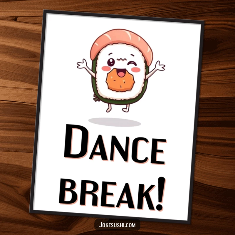 Funny sushi nigiri poster art of a delighted character dancing joyfully, adding a lively and delicious theme to decor. A humorous foodie artwork.