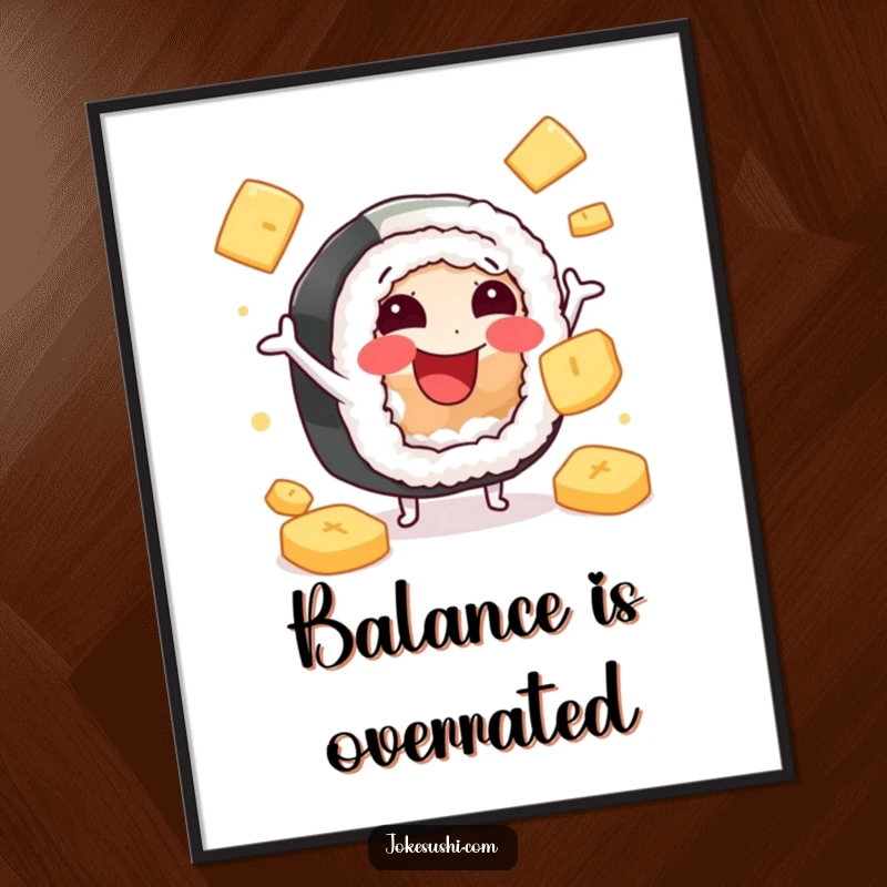 Funny poster showcasing a happy sushi roll character juggling ginger slices, bringing culinary joy and playful art to any room.