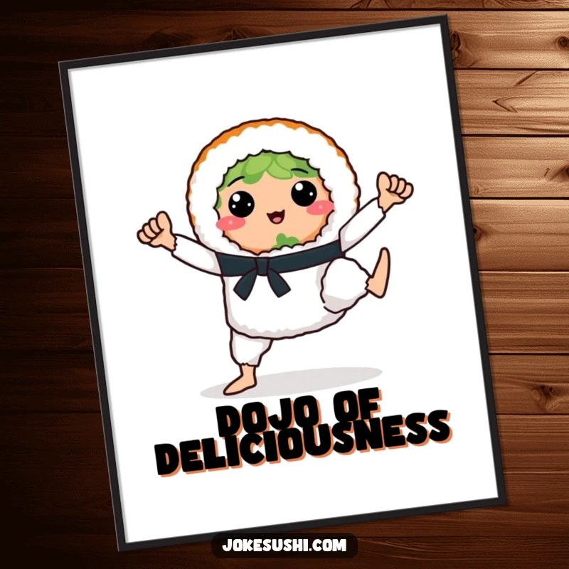 A funny sushi roll with legs in a dynamic karate pose displayed as humorous wall art, ready to impress.