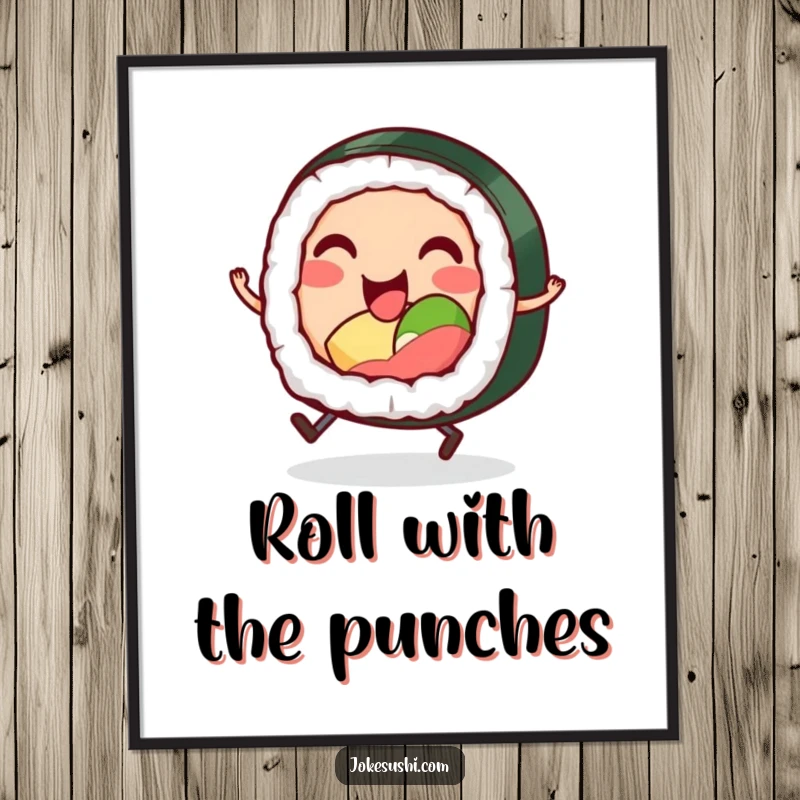 Funny poster of a smiling sushi roll character with tiny legs, hopping excitedly, adding a cheerful and humorous touch to any room.