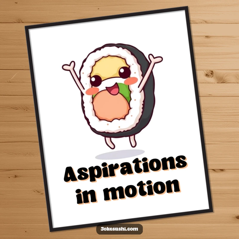 Funny Poster: A sushi roll character with limbs cheerfully performing a somersault, adding fun and a foodie touch.