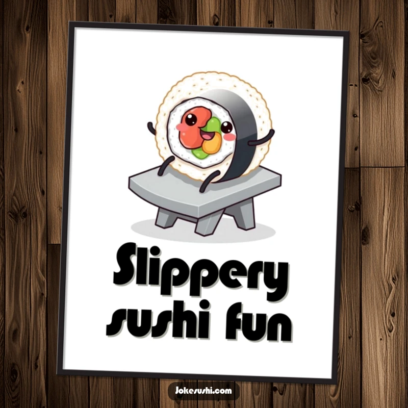 Funny poster art of a round sushi roll with legs, joyfully sliding down a slippery ramp, capturing a sense of carefree fun.