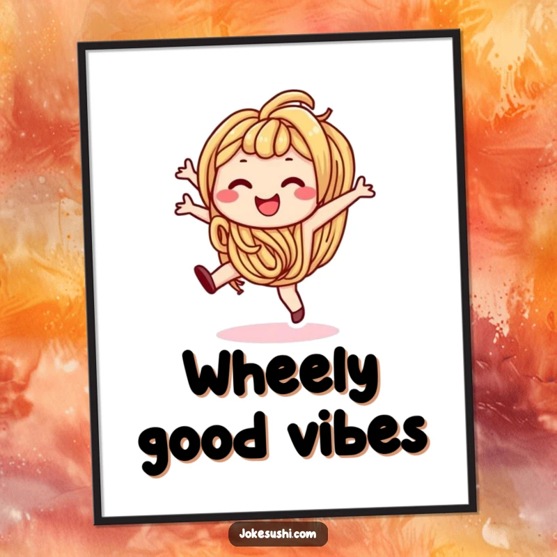 Funny poster art of a smiling udon noodle character performing a cartwheel, celebrating food with energetic charm.