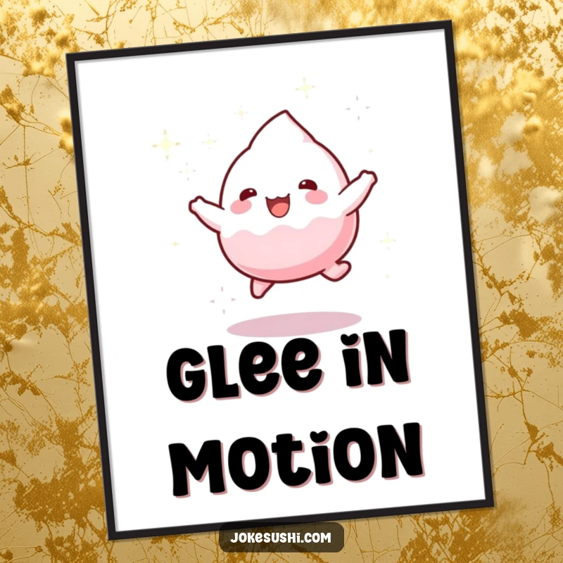 Funny art print of a playful mochi character bouncing gleefully with a shimmering trail of sparkling dust, radiating joy.