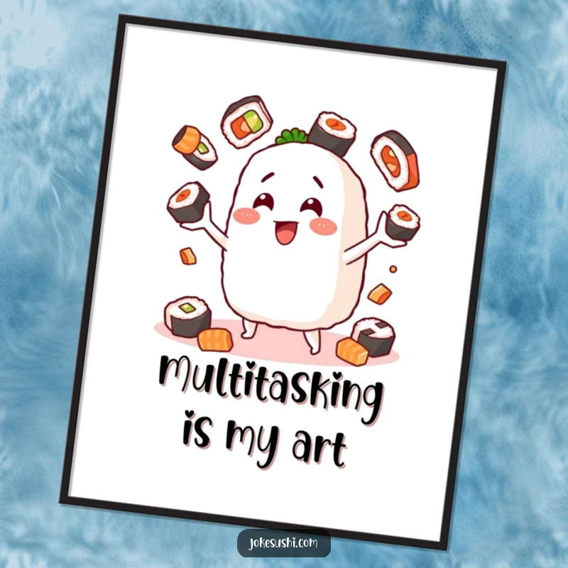 Funny poster art of a happy onigiri character skillfully juggling various sushi pieces, creating a dynamic scene of food-related entertainment.