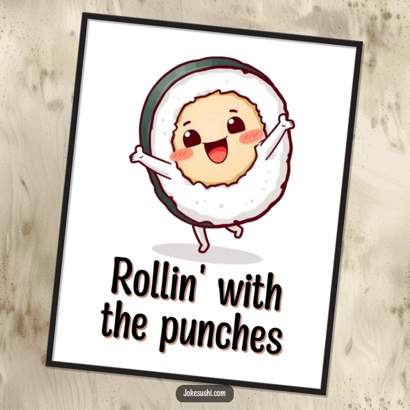 Funny sushi roll poster displaying a lively character in a cartwheel pose, adding humorous art to any room.