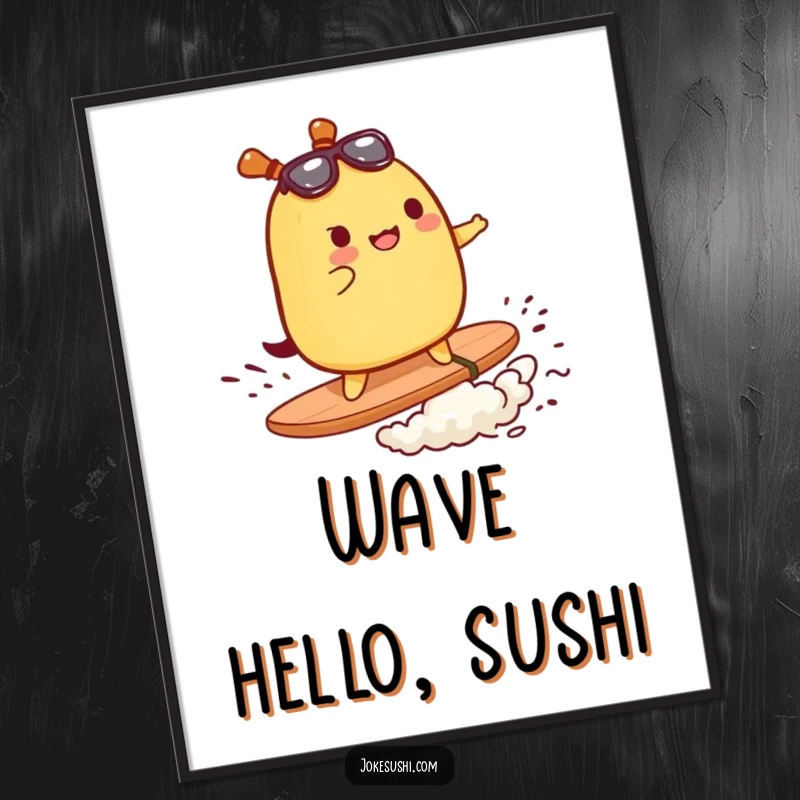 Funny poster showing a tamagoyaki character surfing a piece of nori, perfect wall decor for food and surf lovers.