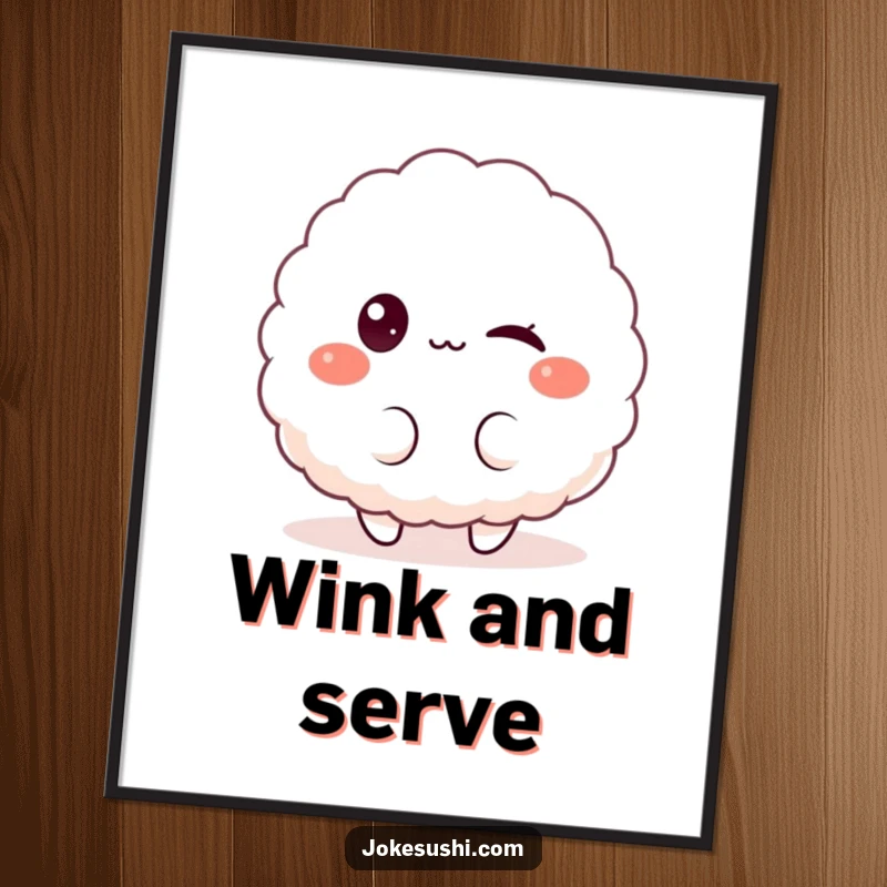 Funny poster of a fluffy rice ball character winking playfully at the viewer, adding a cheerful and humorous touch to any room.