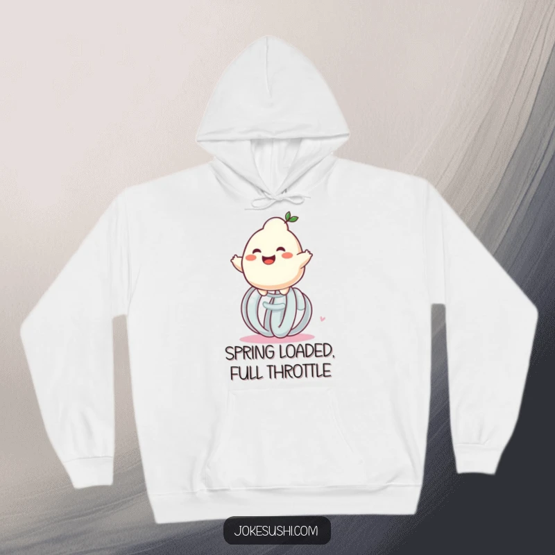 Funny grinning dumpling character bouncing on a giant spring, a warm and humorous hoodie for ultimate comfort.