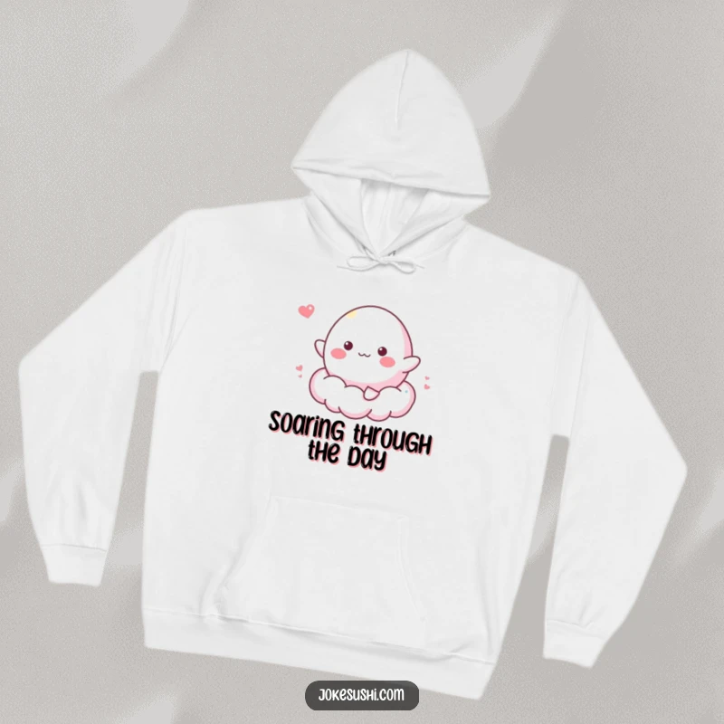Funny hoodie depicting a cheerful mochi character bouncing happily on a fluffy cloud, perfect for cozy and whimsical moments.