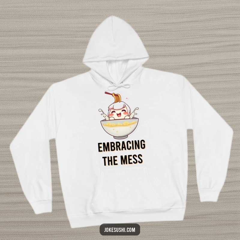 Funny ramen bowl hoodie, a happy character splashing in broth, offering warmth and a sense of playful delight.