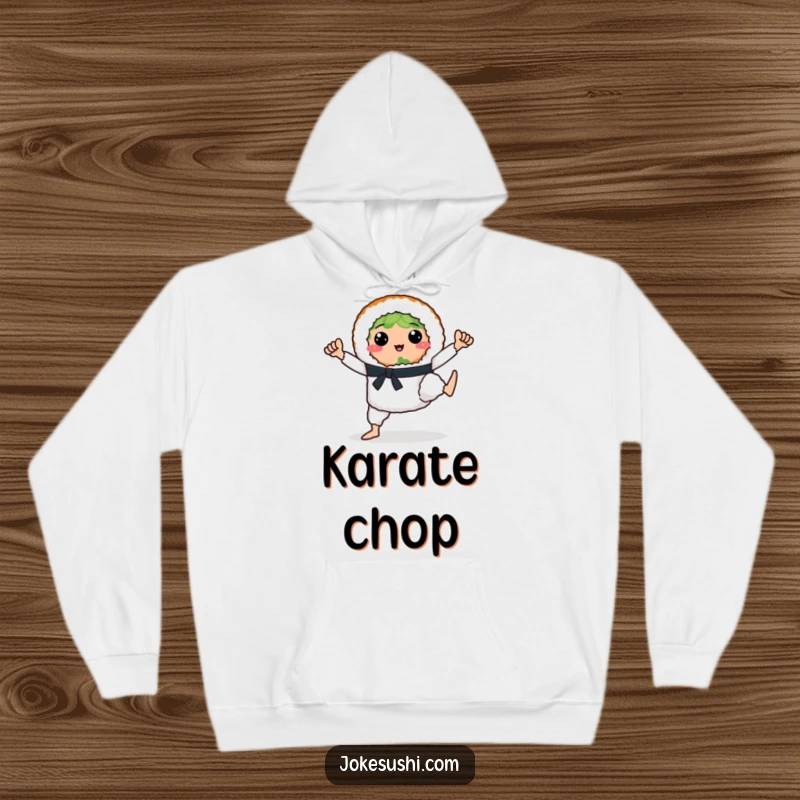 A funny sushi roll with legs in a karate stance is featured on a cozy hoodie, perfect for chilly dojos.