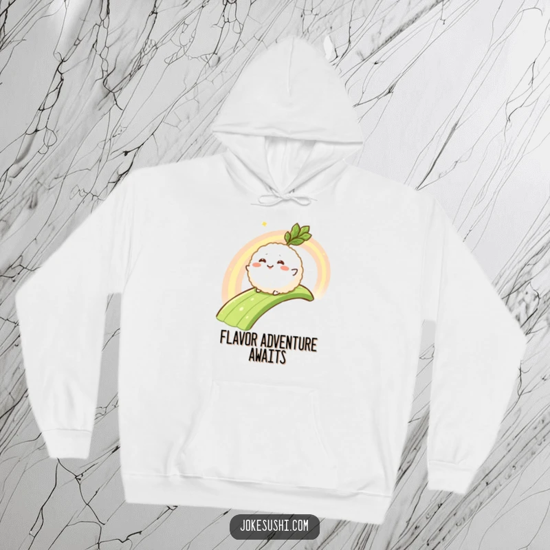 Funny hoodie featuring a smiling rice ball character sliding down a colorful wasabi rainbow, offering warmth and bold humor.