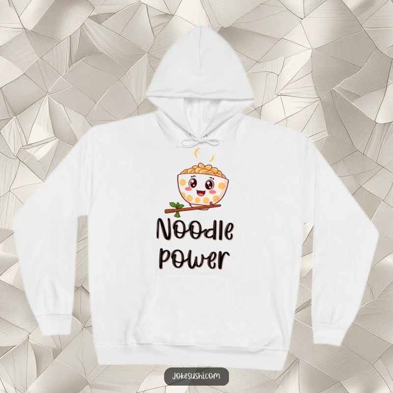 Funny hoodie featuring a ramen bowl with googly eyes bouncing and leaping over a chopstick, blending warmth and humor.