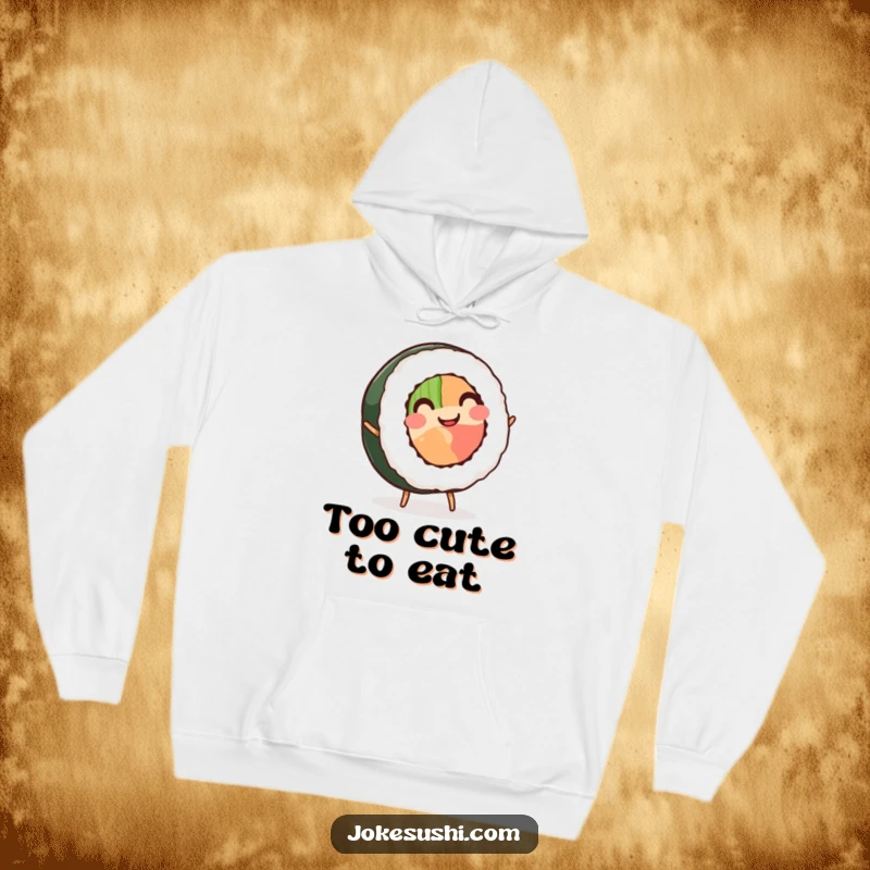 Funny Sushi Roll Hoodie: A smiling sushi roll with two small legs is captured mid-cartwheel, offering warm, humorous apparel.