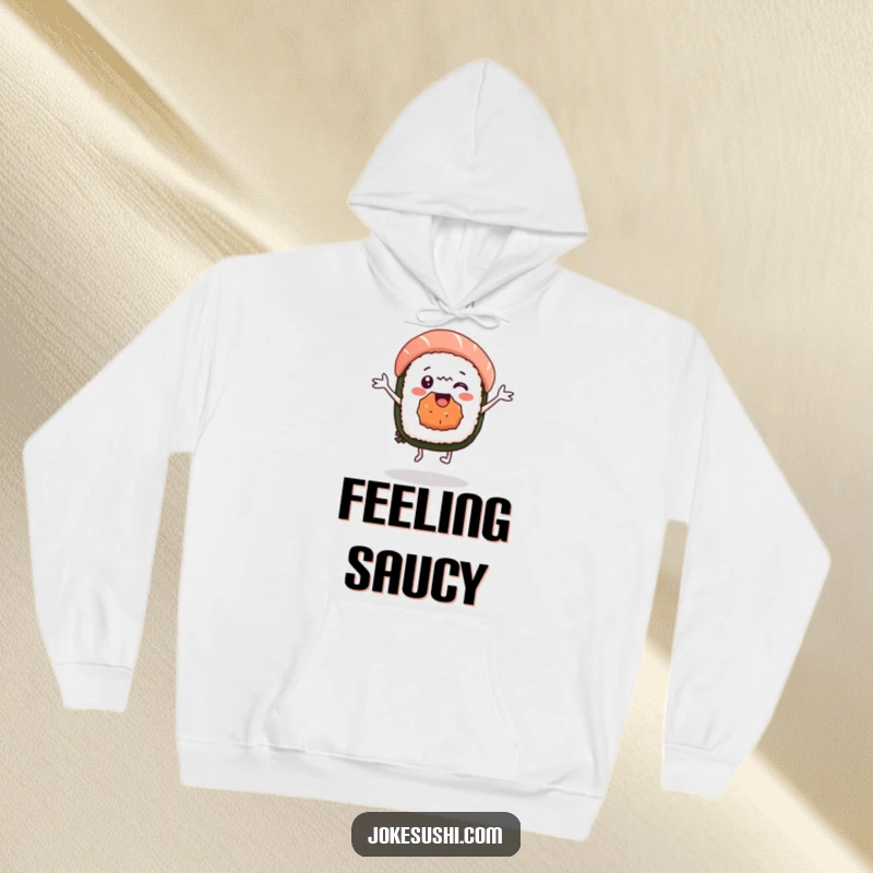 Funny sushi nigiri hoodie featuring a delighted character dancing, offering cozy comfort and a delicious sense of fun. Warm and humorous wear.