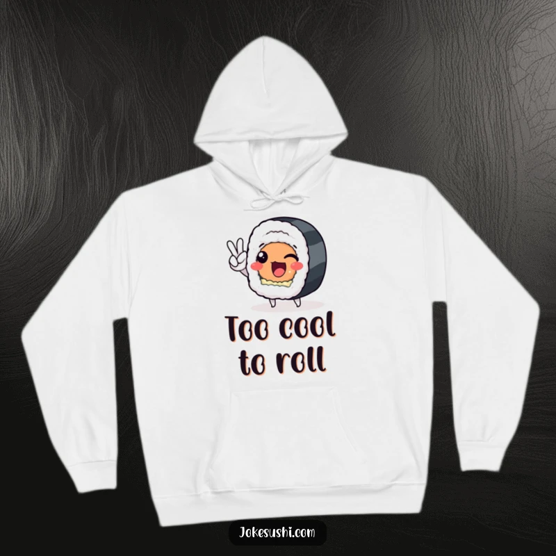 Funny sushi roll character making a peace sign, featured on a warm hoodie, ideal for humorous casual wear.