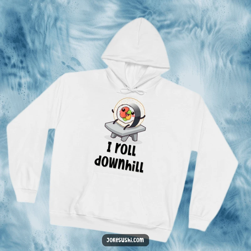 Funny hoodie featuring a sushi roll character with legs, gleefully descending a slippery ramp, embodying relaxed fun and comfort.